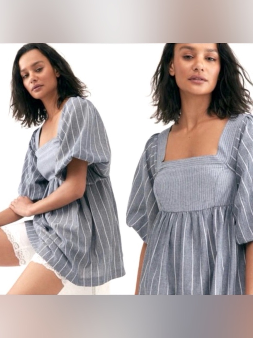 Free People Gigi Striped Puff Sleeve Babydoll Tunic Top Blue White XS Like New